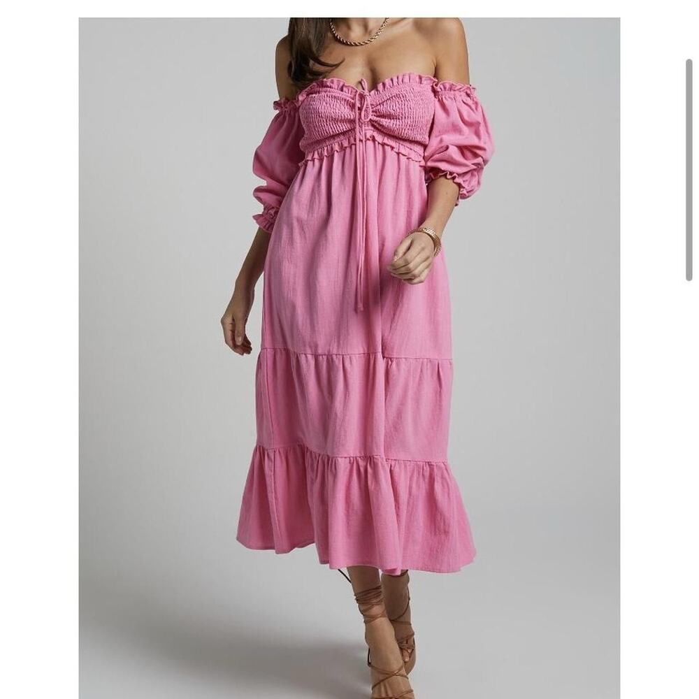 Showpo Nikka Pink Shirted Off Shoulder Puff Sleeve Dress Long | 12‎